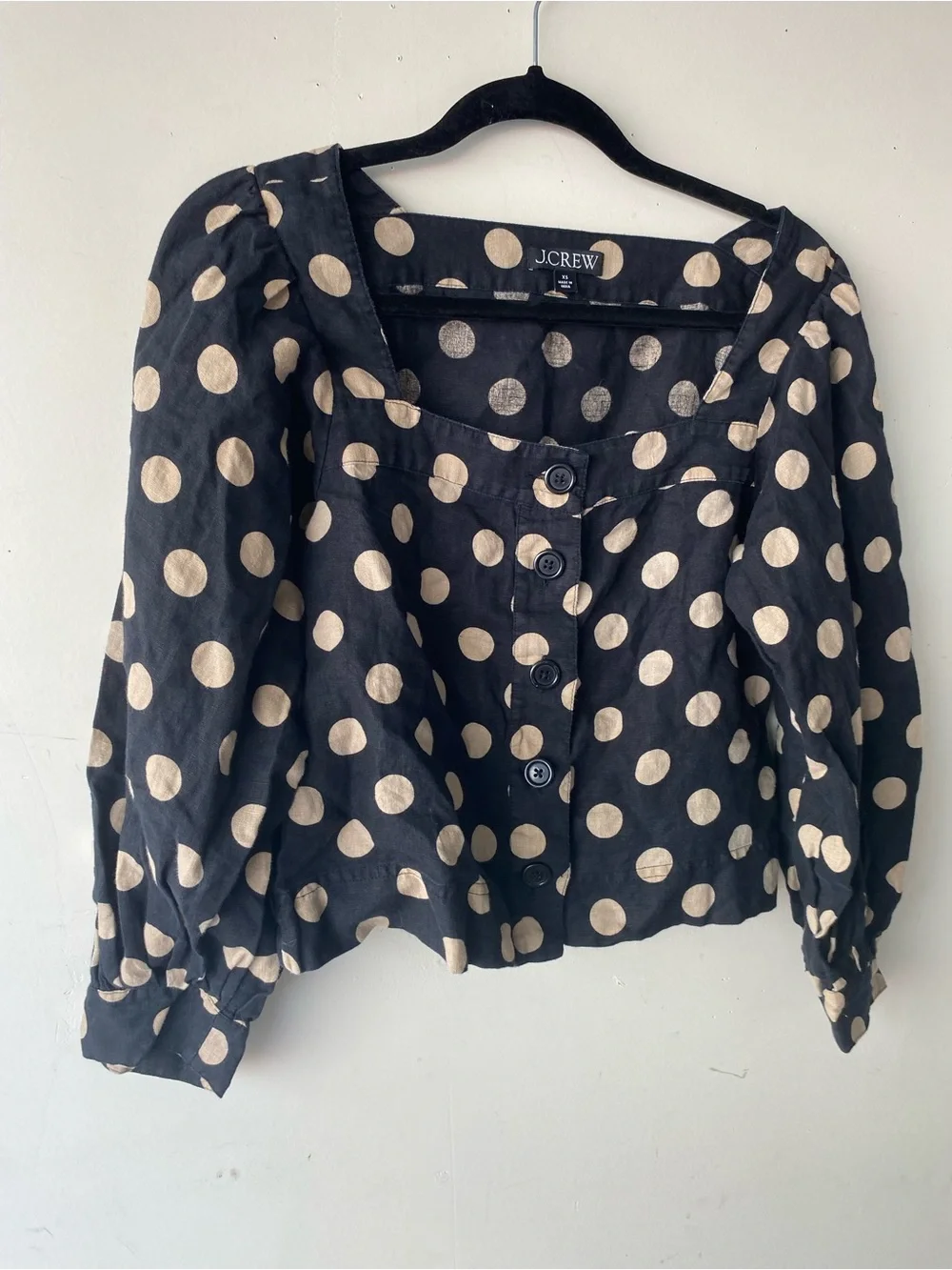J.Crew Black Tan Polka Dot Square Neck Linen Puff Sleeve Blouse Top XS